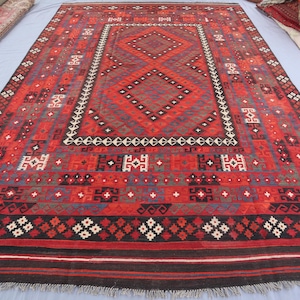 8&#39;5x13&#39;4 ft Large Red Kilim Rug, Afghan Vintage Handmade Veg Dyes Wool Area Rug, Geometric Turkmen Flatweave Kilim Rug, 8x11 Bedroom Carpet