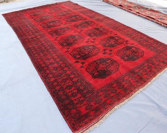 5'3x9'5 ft Afghan Rug 1950s Antique Rug/ Red Handmade Wool Rug/ Turkmen Tribal Ersari Rug/ Elephant foot design Rug/ Living Room Bedroom Rug