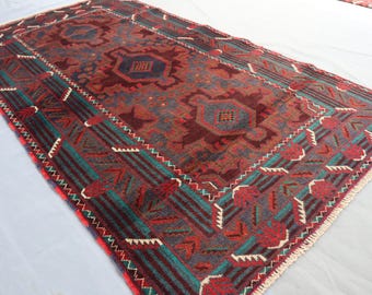 4 x 7フィートのヴィンテージトライバルラグ、アフガニスタンの手作り