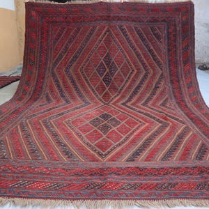 Vintage Area Rug 6&#39;8x9&#39;1 ft Afghan Oriental Mashwani Rug/ Red Geometric Wool Handmade Rug/ 7x9 Office Rug 1970s Antique Oriental Area Carpet