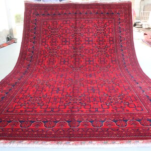 7x10 Afghan Bukhara Red Rug Turkmen Khal Muhammadi Oriental Rug/ Large Turkmen Handmade High Pile Wool Area Rug/ Living Room Rug/ Office Rug