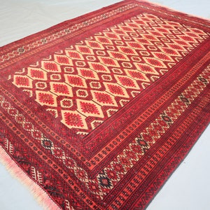 Afghan Antique Rug 4x6 ft, Oriental Turkmen Handmade Wool Area Rug, Vintage Bukhara Rug, Beige Red Tribal Soft Rug, Bedroom Rug, Kitchen Rug