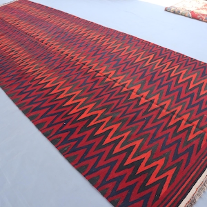 Alfombra Kilim vintage de 4 m de ancho, 1,48 m x 3,88 m, de tejido plano afgano, de lana turca a rayas, hecha a mano, oriental, roja, para pasillo