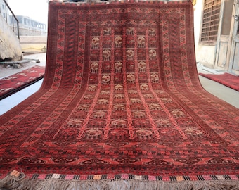 1970s Antique Rug 6'5x9'6 ft Afghan Bukhara Rug, Turkmen Handmade Wool Area Rug, Geometric Oriental Rug, Tribal Bohemian 7x10 Red Office Rug