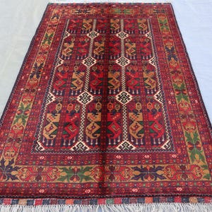 3x5 ft Vintage Rug Tribal Afghan Handmade Soft Pile Wool Area Rug, Oriental Turkmen Bukhara Rug, Bedroom Carpet, 100x150 cm Entry Way Carpet