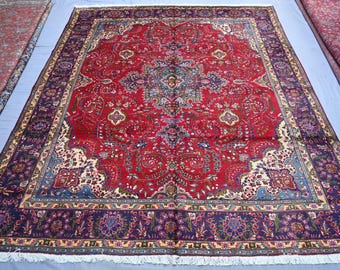 9'5x12'1 ft Large Antique Rug, Afghan Hand Knotted Wool Rug, Turkish Heriz Medallion Rug, Red Oriental Area Rug, Living Room, Bedroom Carpet