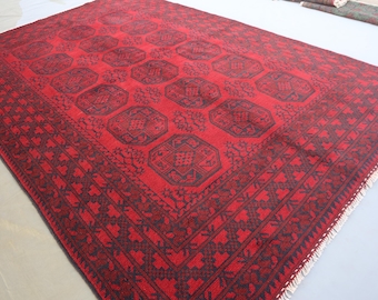 7x10 ft Turkmen Area Rug Afghan Handmade Wool Area Rug, High Pile Red Tekke Ersari Tribal Vintage Carpet 200x300 cm Oriental Rug, Office Rug