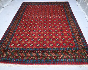 8'6x12'5 Ft Antique Turkmen Rug - Red Afghan Handmade Wool Rug
