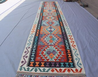 13 ft Afghan Kilim Runner Rug 2'7x13'0 ft/ Flatweave Oriental Handmade Wool Kilim Rug / Beige Orange Blue Runner for Kitchen/ Hallway Runner