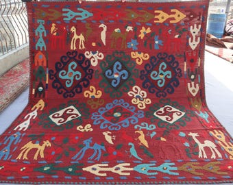 Può includere: Un tappeto rettangolare rosso con un motivo dettagliato. Il tappeto presenta varie forme e figure di animali in colori come giallo, blu e bianco. Il design include forme geometriche e figure di animali stilizzate.