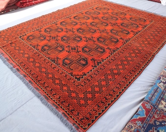 7x9 ft Afghan Rug, Handmade High Pile Wool Rug, Turkmen Filpaye Ersari Tekke Red Rug, 1990s Vintage Area Rug, Oriental Carpet, Bedroom Rug