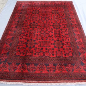 5x7 ft Afghan Bukhara rug Oriental Turkmen Hand-Knotted rug, High Pile Vintage Rug, Tribal Antique Red Area rug, Entryway Rug, Kids Room Rug