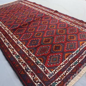 3&#39;8x6&#39;5 ft Tribal Baluchi Rug Turkmen Tribal Hand Knotted Soft Genuine Wool Oriental Area Rug- Afghan Handmade Rug- Old 1980s Antique Carpet