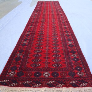3x13 ft Afghan Red Runner Rug/ Handmade Wool Vintage Bukhara Rug/ Oriental Rug/ Turkmen Tribal Rug/ Hallway Runner/ Kitchen 13 ft Runner Rug