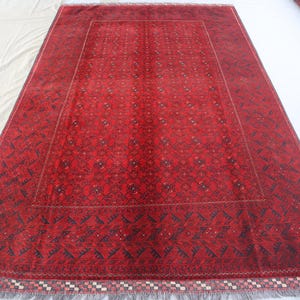 6&#39;4x10&#39;0 ft Red Bashiri Bukhara Rug- Vintage Afghan Handmade Wool Rug- Turkmen Tribal High Pile Soft Wool 7x10 Rug- Oriental rug- Office Rug