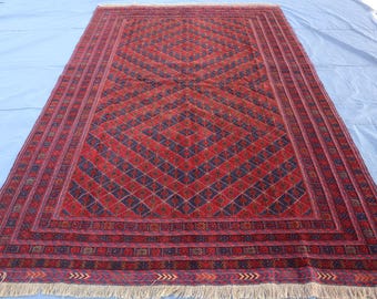 Large 6'7x9'9 ft Area Rug, Vintage Geometric Afghan Meshwani Rug, Oriental Veg Dyes Wool Handmade Boho Carpet, Medallion Red Rug for Bedroom