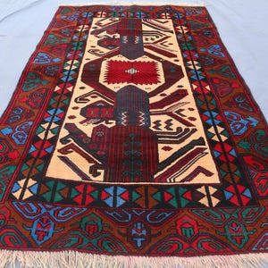 3&#39;4x5&#39;5 ft Afghan Vintage Rug 100% Wool Handmade Area Rug, Ethnic Baluchi Turkmen High Pile Red Beige Rug Oriental Geometric Rug for Bedroom