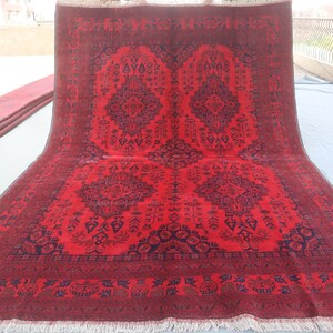 7x10 Vintage Red Rug 6&#39;7x9&#39;8 ft Turkmen Geometric Bukhara rug/ Afghan Handmade Wool Area Rug/ Antique Oriental Large Carpet/ Rug for Bedroom