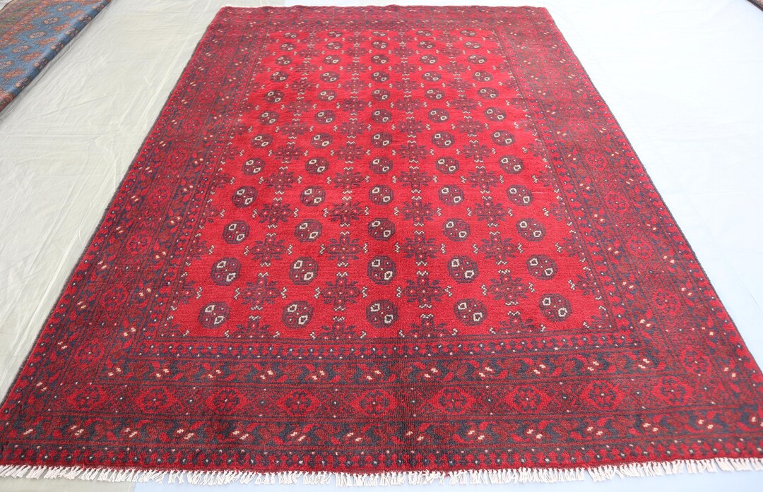 6x8 Ft Red Bukhara Area Rug Vintage Afghan Hand Knotted Mowri Rug ...