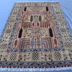 5x7 Beige Tree of Life Rug Afghan Handmade Wool Area Rug, Antelope Tree of life Pictorial Rug, Oriental Turkmen Tribal Rug, Kids Room Carpet
