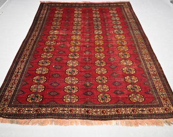 1920s Antique Red 7x9 ft Rug, Turkmen Tribal Ersari Rug, Oriental Distressed Faded Rug, Afghan Handmade Low Pile Wool Rug, Dining Table Rug