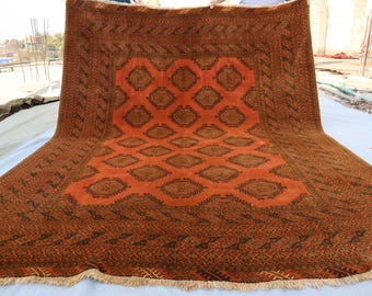1940s Antique 7x9 ft Orange Terracotta Rug Afghan Vintage Faded Rug, Handmade Wool Rug, Turkmen Tribal Area Rug, Oriental Rug Bedroom Carpet