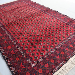 Afghan Baluchi Rug 4&#39;0x6&#39;5 ft, Vintage Handmade Soft Wool Area Rug, Oriental Turkmen Tribal Bukhara Red Rug, Antique Veg Dyes rug Office Rug
