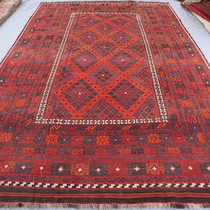 8&#39;5x13 ft Large Vintage Kilim Rug, Red Geometric Rug, Afghan Handmade Wool Rug, Flatweave Kilim Rug Tribal Turkmen Area Rug Dining Table Rug