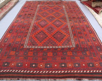 Tappeto Kilim vintage grande 8'5 x 13 piedi, tappeto geometrico rosso, tappeto afgano fatto a mano in lana, tappeto Kilim a tessitura piatta, tappeto tribale turkmeno, tappeto da pranzo