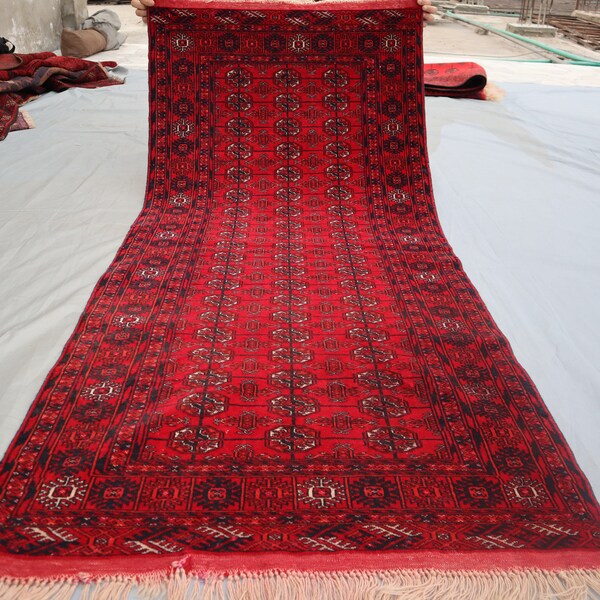 3x6 ft Red Bukhara Area Rug, Vintage Afghan Handmade Wool Area Rug, Top Quality Rug, Oriental Turkmen Traditional Rug Entry Way, Outdoor Rug