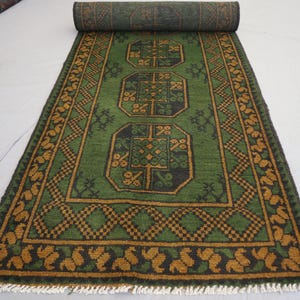 2&#39;8x9&#39;6 ft Green Runner Rug Afghan Tekke Ersari Bukhara rug, Handmade wool Turkmen 10 ft Runner Rug, Oriental Kitchen Runner Hallway runner