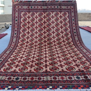 6&#39;5x9&#39;6 ft Turkmen Bukhara Rug/ Beige Afghan Hand Knotted Wool Large rug/ Oriental Tribal Area Rug/ Home Decor Living Room Rug/ Bedroom Rug