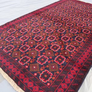 Vintage Area Rug 3&#39;7x6&#39;3 ft, Afghan Bukhara Handmade Wool Rug/ Oriental Antique Rug/ Tribal Turkmen Red Rug/ High pile Rug/ Living Room Rug