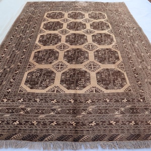 1940s Antique 6&#39;6x9&#39;1 Terracotta Vintage faded Afghan Hand Knotted wool area rug, Turkmen Tribal Bukhara Rug, Oriental Rug, Living Room Rug