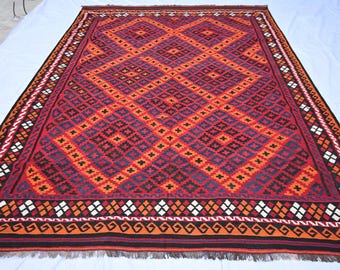 9 x 13 ft groot Afghaans tapijt vintage tapijt jaren 1970, platgeweven kelimtapijt, geometrisch ghalmoori kelimtapijt, oosters Turkmeens stamtapijt, slaapkamertapijt