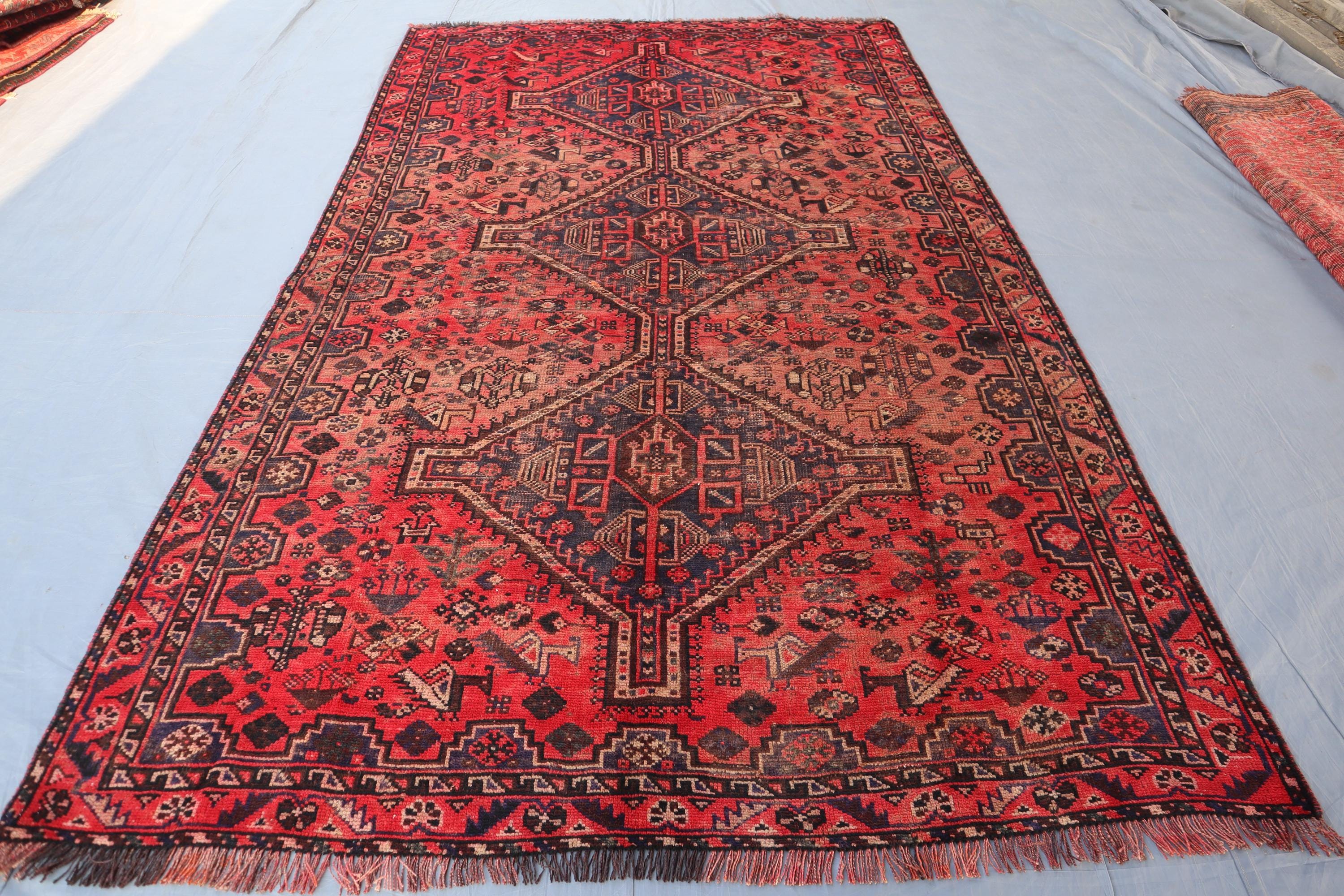 1940s Antique Rug 5x9 ft Caucasian design Rug, Afghan Handmade Low Pile Wool Area Rug, Oriental Geometric Rug, Turkmen Tribal Faded Red Rug