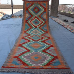 Vintage 8 ft Kilim Runner Rug- Afghan Handmade Rug Oriental Rug- Geometric Turkmen Tribal Rug- 2&#39;8x8&#39;1 ft Hallway Runner- Kitchen Runner Rug