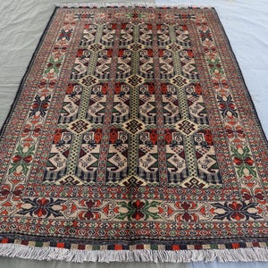 3&#39;4x4&#39;9 ft Vintage Design Rug, Tribal Afghan Handmade Soft Wool Area Rug, Oriental Turkmen Bukhara Beige Rug, Bedroom Carpet, Entry Way Rug