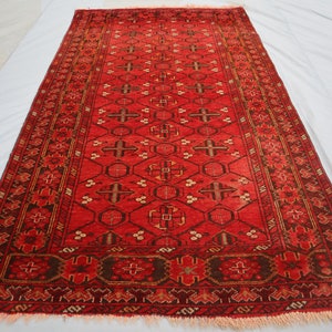 1970s Antique Red Rug 3&#39;6x6&#39;3 ft, Turkmen Bashiri Vintage Bukhara Rug, Afghan Handmade Wool Oriental Area Rug, Living Room Rug Tribal Carpet