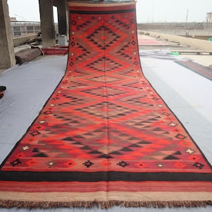 Alfombra Kilim de 1,2 x 4,8 m, estilo afgano, hecha a mano, geométrica, color rojo coral, vintage, de tejido plano, oriental, turcomana, con tintes vegetales, para pasillo.