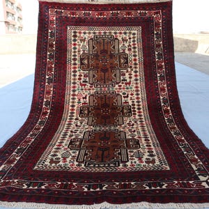 3&#39;6x6&#39;2 ft Antique Rug Turkmen Geometric baluchi Red Rug- Afghan Hand Knotted Genuine Wool Rug- Tribal Oriental Beige Rug- Entry Way Carpet