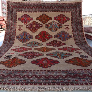 7x9 Antique Muted Beige Rug Afghan Handmade Wool Rug, Oriental Baluchi Rug, Geometric Vintage Area rug, Bedroom Rug in Excellent Condition