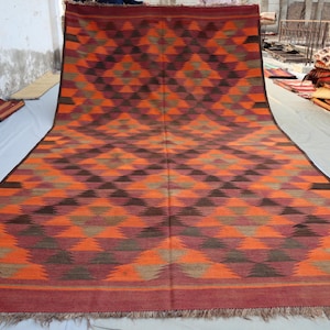 7&#39;2x12&#39;5 Vintage Turkmen Area rug- Afghan Red Orange Handmade Flatweave Ghalmori Kilim Rug- Oriental Large Rug- Bedroom Rug- Entry Way Rug