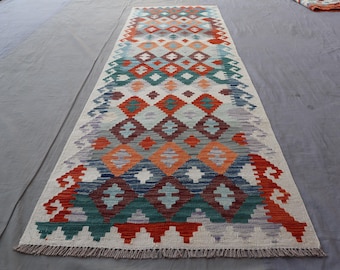 Afghansk Kilim Rug 2'8x8'4 ft Runner Matta/ Geometrisk matta Flatweave Kilim Rug/ Handgjord turkmensk ullmatta/ Modern Kilim Matta/ Kort korridor löpare