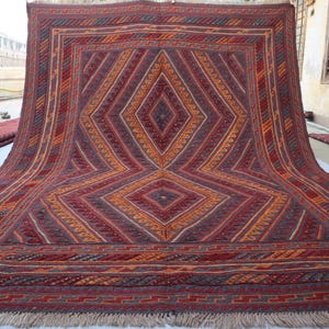Vintage Area Rug 6&#39;5x9&#39;1 ft Afghan Oriental Mashwani Medallion Rug/ Red Geometric Wool Handmade Rug/ Living Room Rug 7x9 Antique Area Carpet