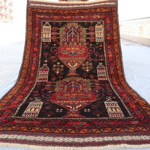 3&#39;10x6&#39;7 ft Vintage Baluchi Rug Turkmen Tribal Rug, Afghan Antique Handmade Wool Rug, Bedroom Carpet, 4x7 Entry Way Rug, Pot Design Area Rug