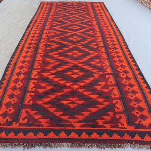 Alfombra Kilim afgana de 1,5 x 3,6 m, de ancho, de lana, estilo oriental, vintage, de tejido plano, hecha a mano, pieza antigua, color naranja turcomano.
