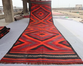 4x15 ft Geometric Red Runner rug- Turkmen Ghalmori Flatweave Antique Handmade Kilim rug- Afghan Tribal Wool Rug- Oriental Rug Hallway Runner