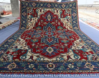 7x10 ft Afghan Medallion Rug, Veg Dyes Red Multi Colors Rug, Handmade Wool Area Rug, Tribal Turkmen Heriz Rug, Large Living Room, Office Rug