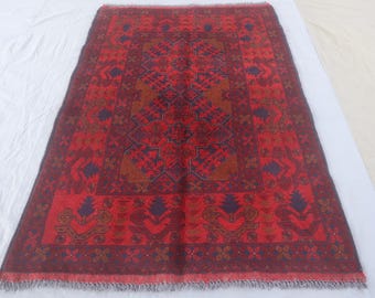 Turkmenischer Roter Teppich 1 x 5 Fuß Handgefertigter Weicher Wollteppich / Orientalischer Antiker Teppich für Schlafzimmer / Büro
